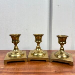 Vintage Solid Brass Candlestick Holders Set of 3 Square Base Made in India Gold